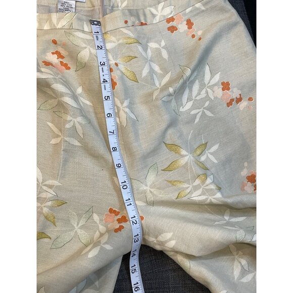 Jillian Jones Tan Linen Blend Lined Flat Front Floral Cropped Pants Sz 12 - Picture 8 of 9